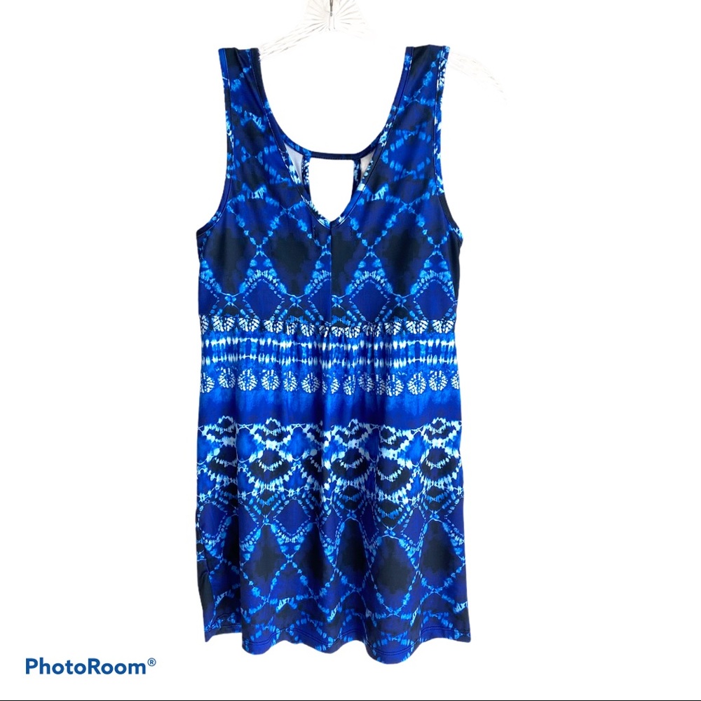 J Valdi Blue Indigo Batik Lace Up Tank Dress or Swim Cover Up Size XS - Picture 2 of 4